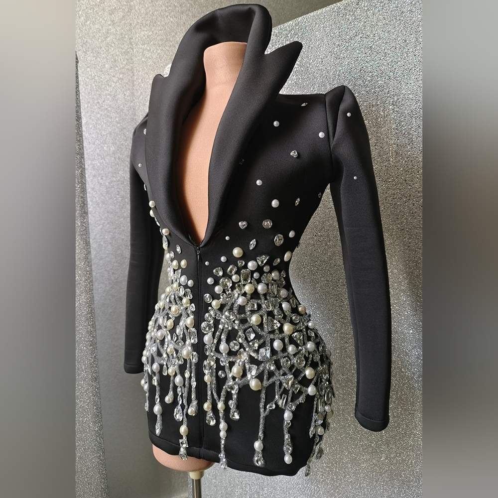 Cusom Made Pearls And Crystal Overload Zip Up Blazet